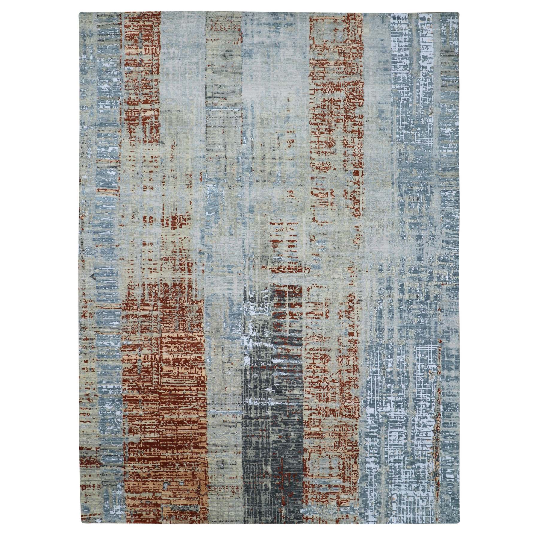 Misty Gray with Rust, Persian Knot, Abstract with Galaxy Design, 100% Wool, Hand Knotted, Densely Woven, Oriental Rug
